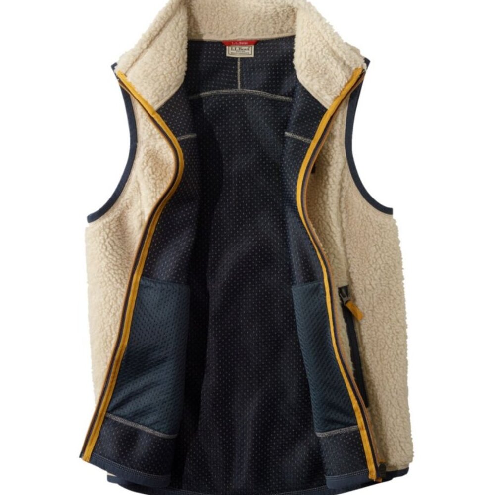 L.L. Bean Cream Sherpa Fleece Vest with Navy Trim and Yellow Accents - Picture 2 of 10